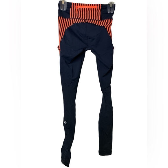Lululemon Get Up and Glow Tights Navy Neon Orange Striped Size 4 Pockets - Picture 2 of 7